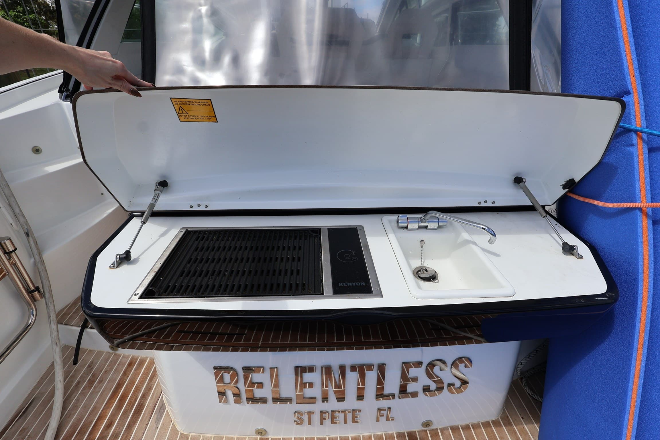 The cockpit grill and wet bar opened on the transom